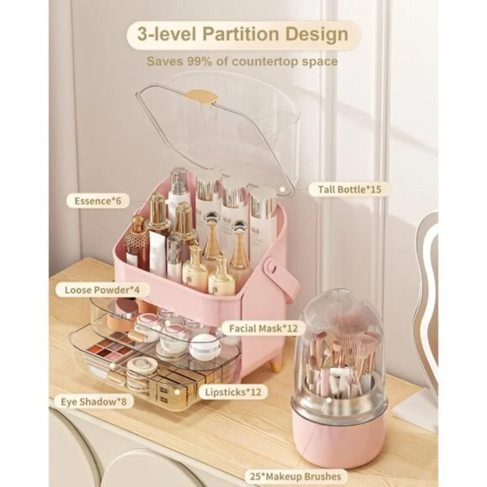 New Pink Makeup Organizer, Skincare Holder & Cosmetic Storage for Countertop